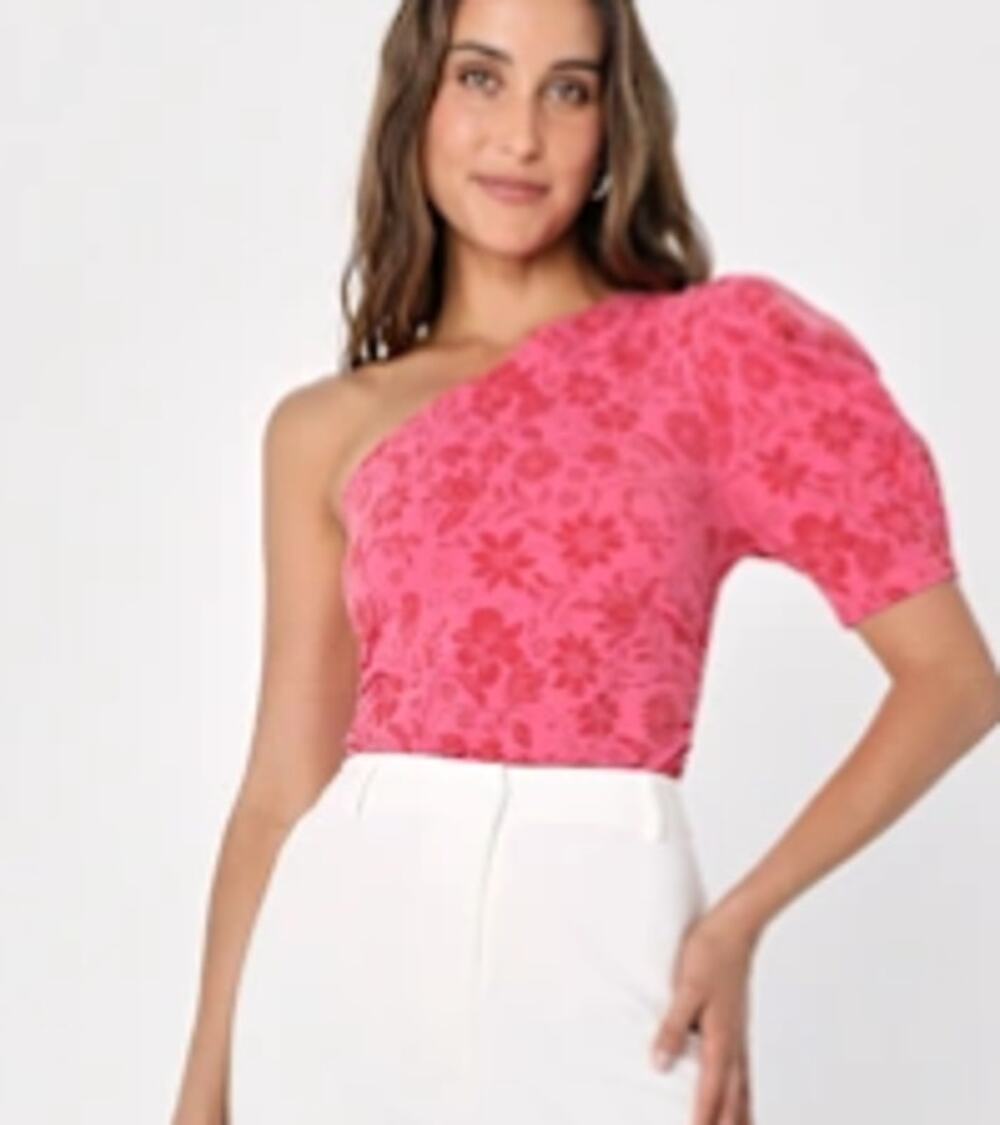 Free People Somethin Bout You Hot Pink Floral One-Shoulder Thong Bodysuit Sm NWT